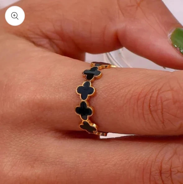 Gold Black Clover Open Band Adjustable Ring