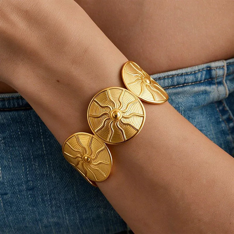 Gold Textured Sunburst Disc Cuff Bangle