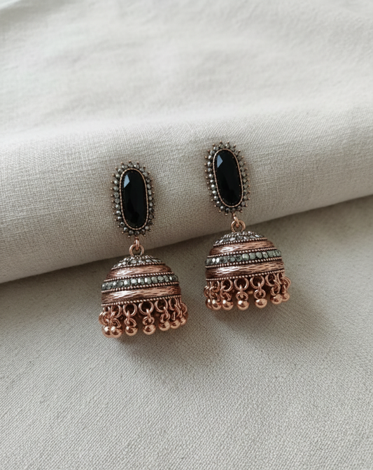 Royal Antique Gold-Plated Stainless Steel Jhumka Earrings with Onyx Black Accents
