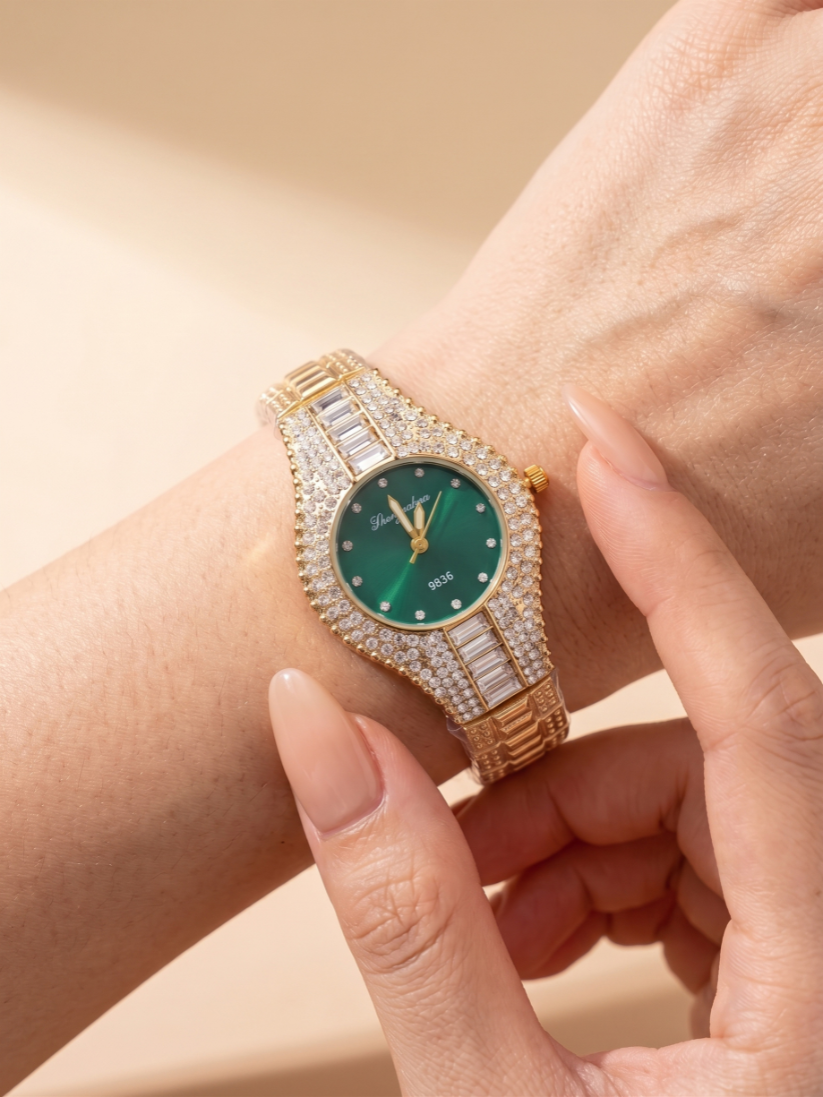 Women’s Gold Rhinestone Watch with Emerald Green Face