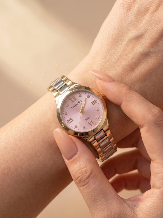 Minimalist Light Pink Dial Crystal Accent Gold Watch