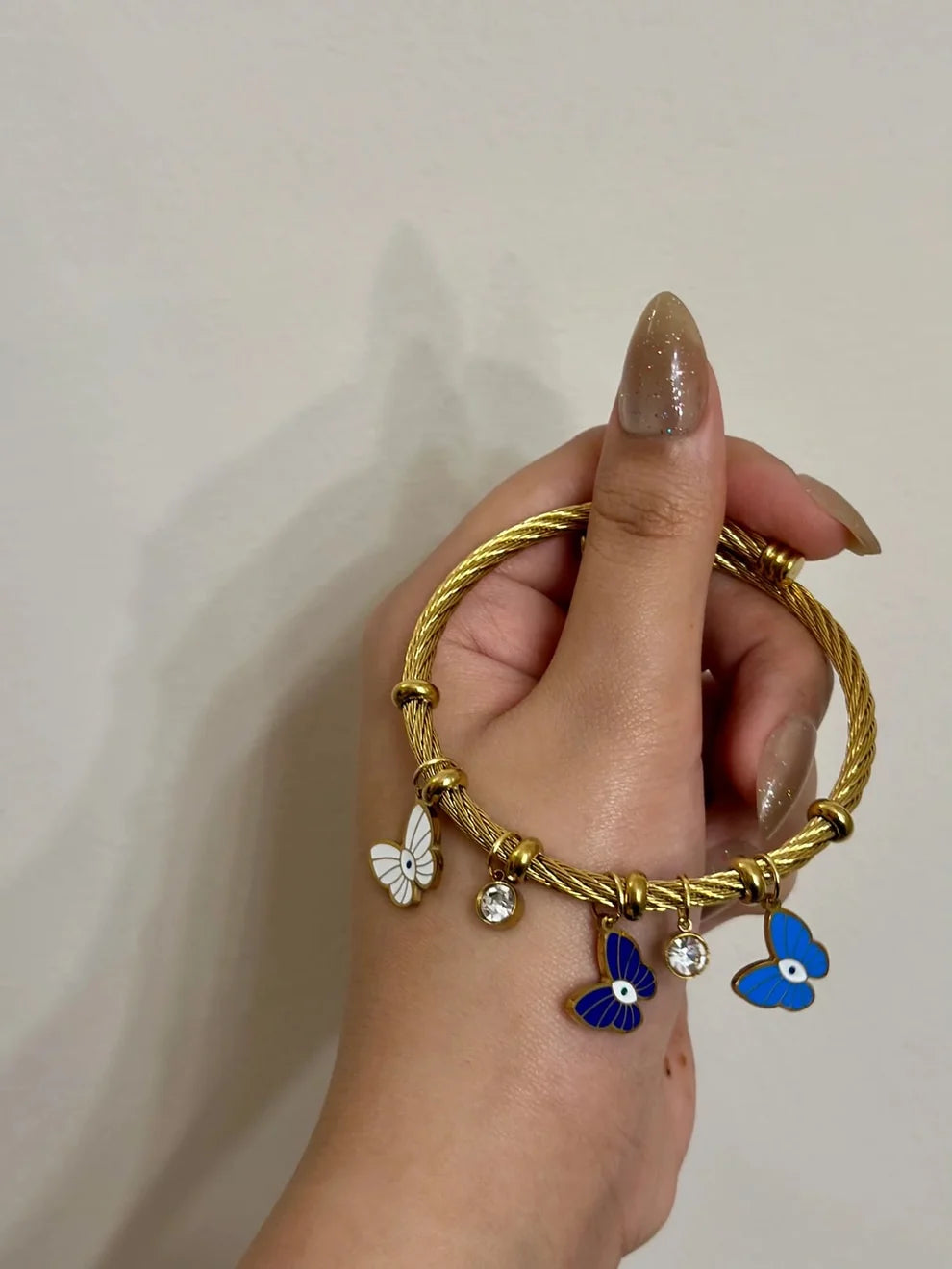 Gold Enamel Butterfly Charm Bangle