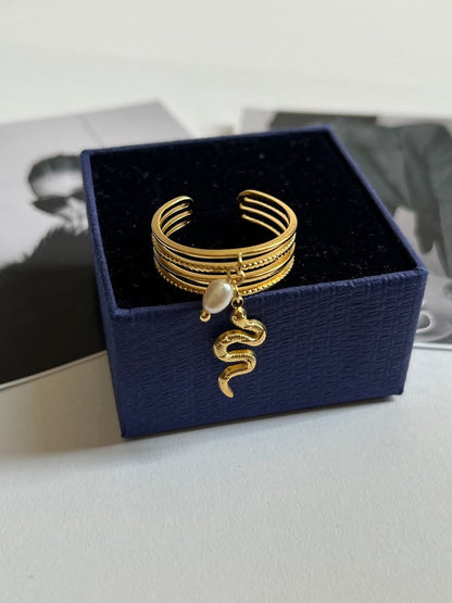 Gold Plated Multi-Layer Snake & Pearl Charm Ring