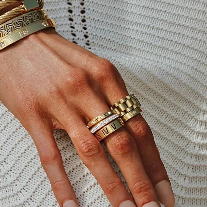 Gold Roman Numeral Crystal Stacked Ring