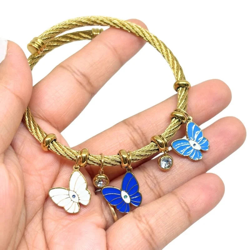 Gold Enamel Butterfly Charm Bangle