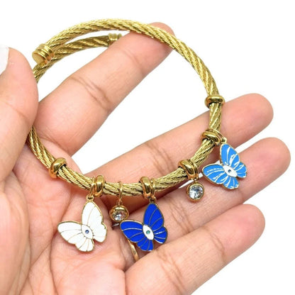Gold Enamel Butterfly Charm Bangle