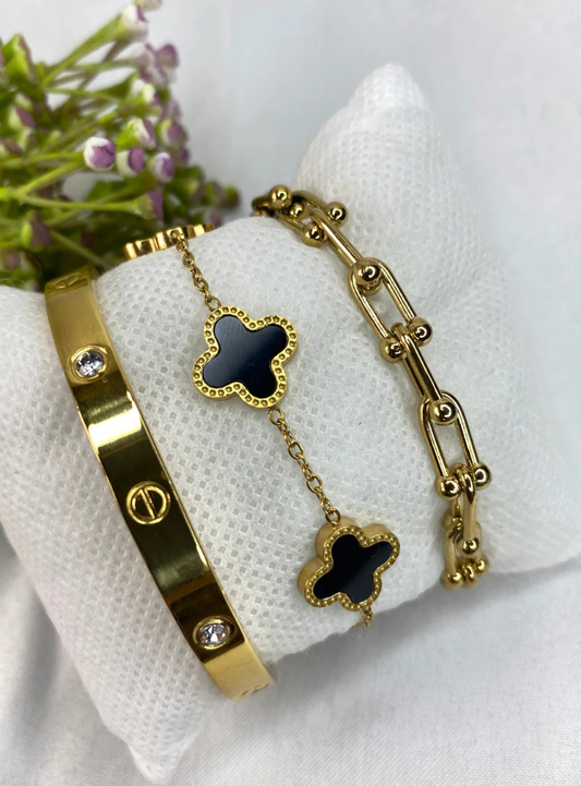 ✨ Elegant Black Clover 3-Piece Bracelet Set