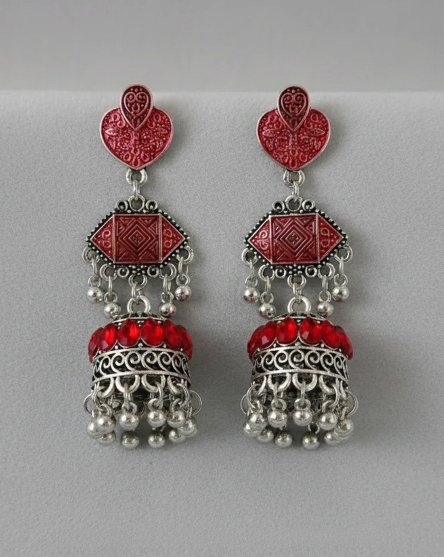 Oxidized Silver Jhumkas with Green Accents