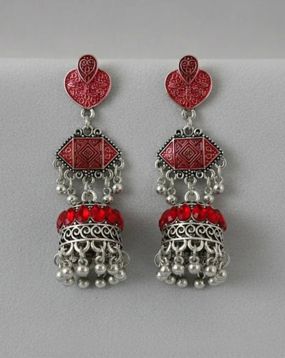 Oxidized Silver Jhumkas with Green Accents