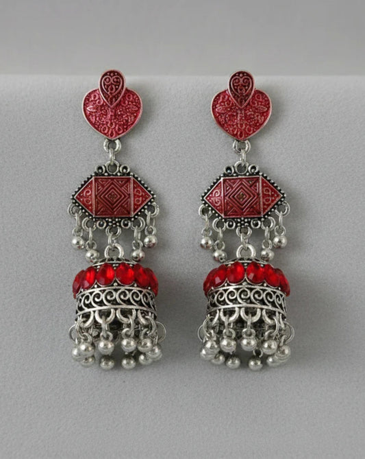 Oxidized Silver Jhumkas with Green Accents