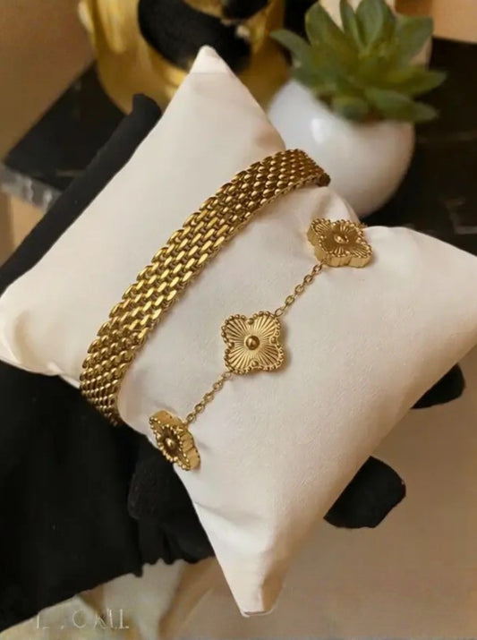 18K Gold Clover & Mesh Bracelet Set