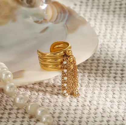 Gold Pearl Tassel Open Band Ring