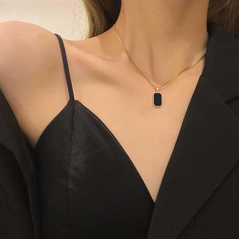 Golden Frame Black Onyx Pendant on Beaded Chain