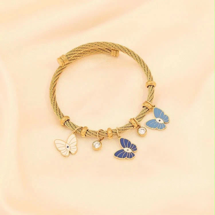 Gold Enamel Butterfly Charm Bangle