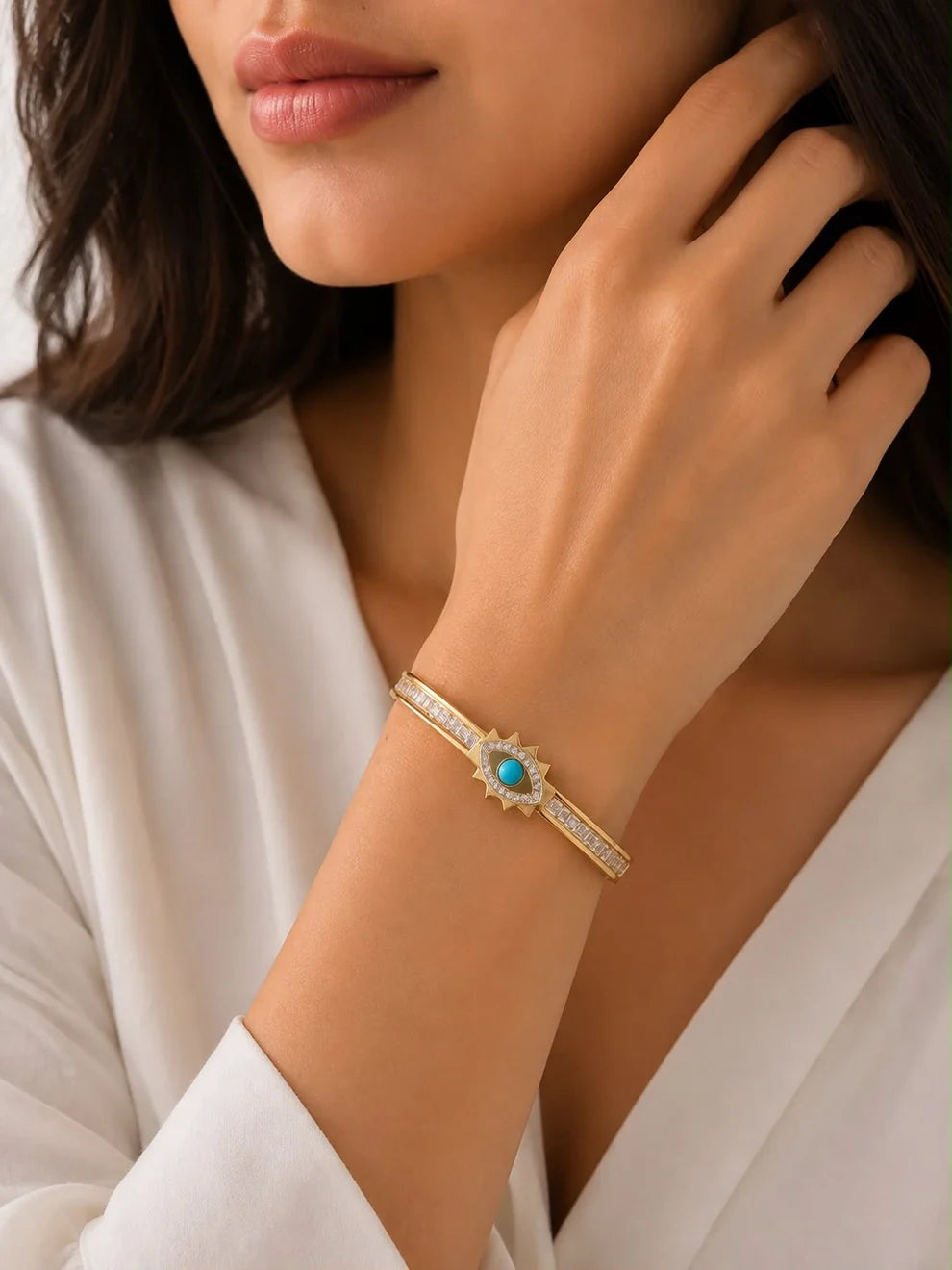 Gold Turquoise Evil Eye Crystal Bangle