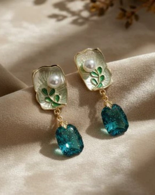 Ethereal Gilded Leaf & Crystal Drop Earrings