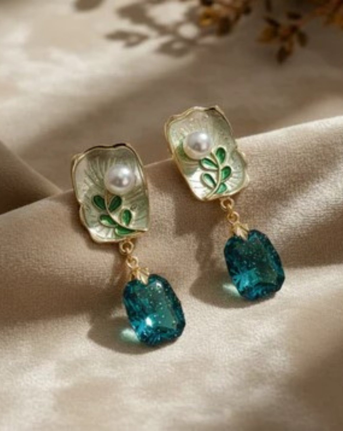 Ethereal Gilded Leaf & Crystal Drop Earrings
