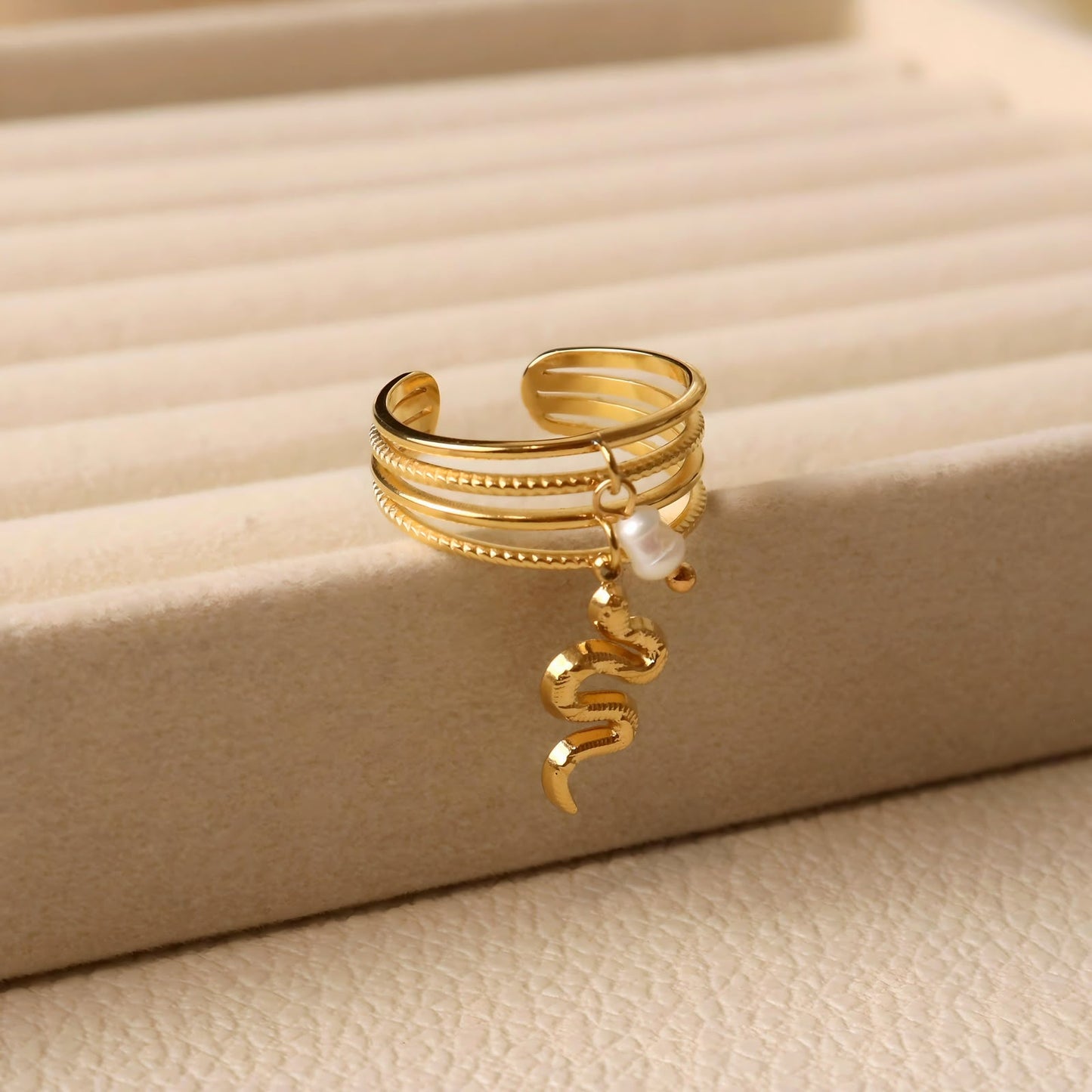 Gold Plated Multi-Layer Snake & Pearl Charm Ring