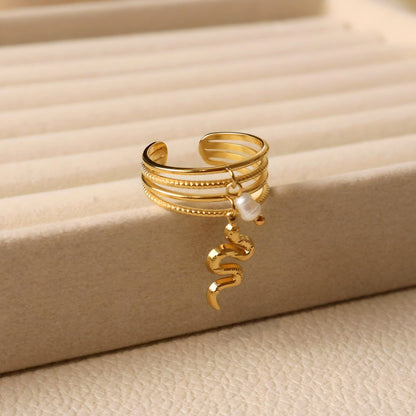 Gold Plated Multi-Layer Snake & Pearl Charm Ring