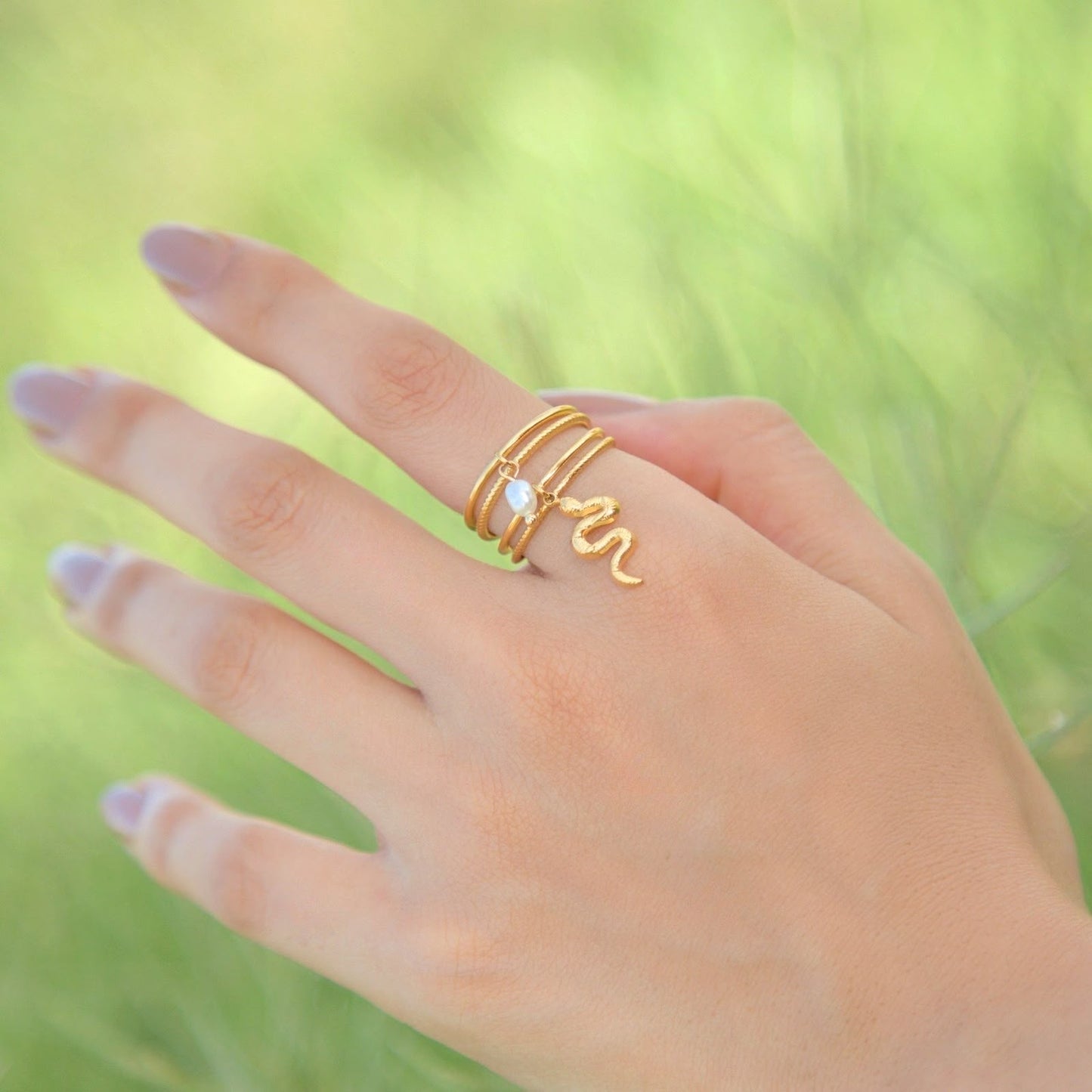 Gold Plated Multi-Layer Snake & Pearl Charm Ring
