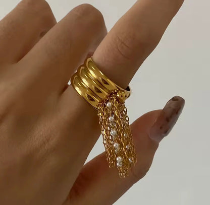 Gold Pearl Tassel Open Band Ring