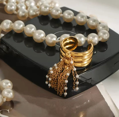 Gold Pearl Tassel Open Band Ring