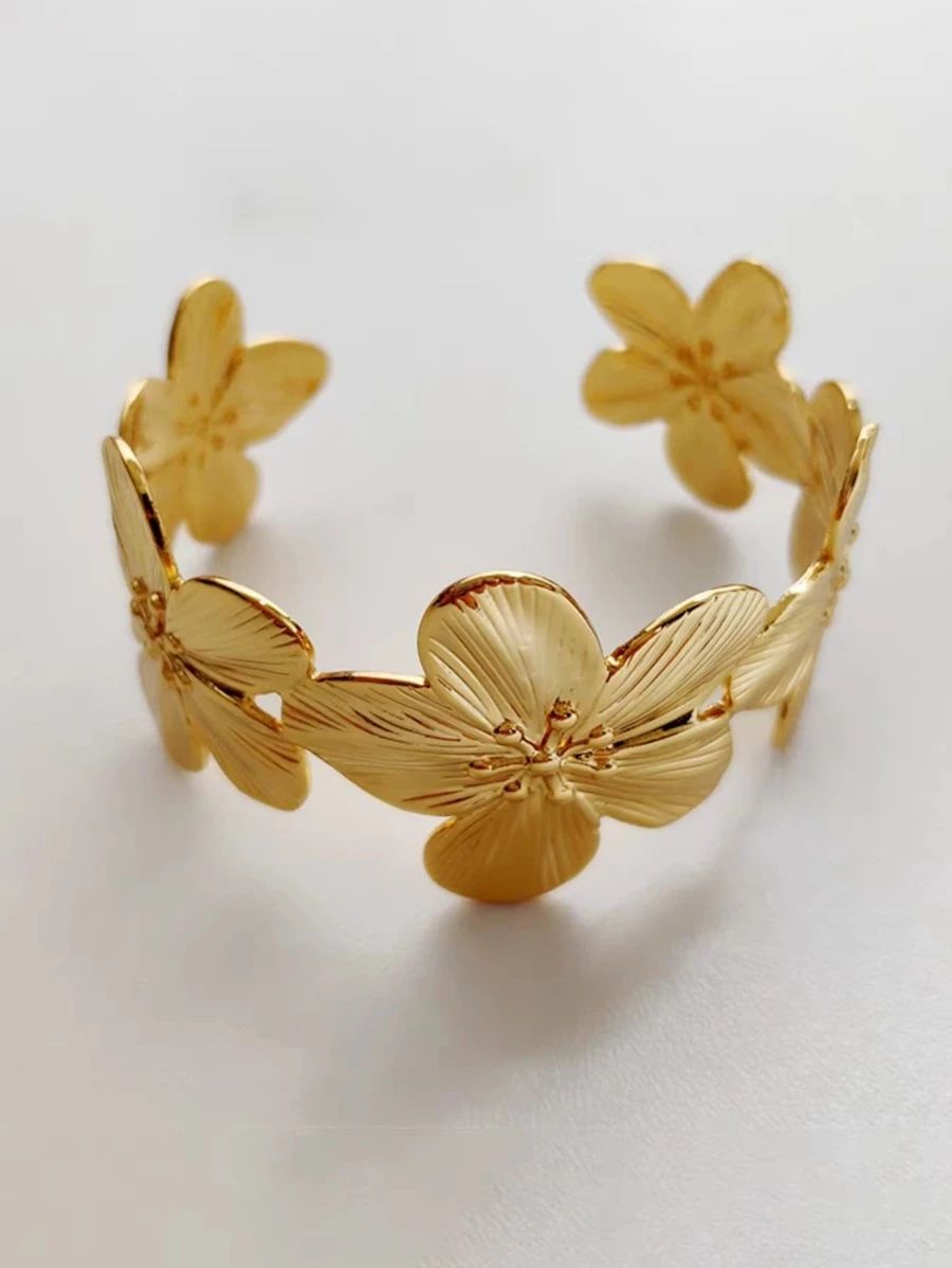 Gold Textured Floral Cuff Bracelet