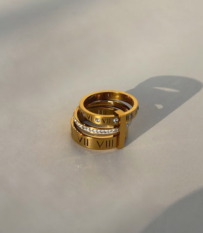 Gold Roman Numeral Crystal Stacked Ring