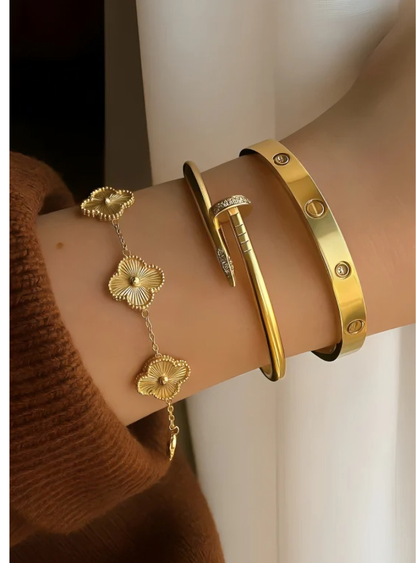 Luxury Gold Bracelet Set for Women – Clover Charm, Screw Bangle & Nail Cuff