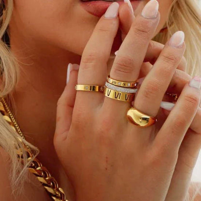Gold Roman Numeral Crystal Stacked Ring