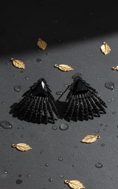 Black Crystal Spike Statement Fan Earrings
