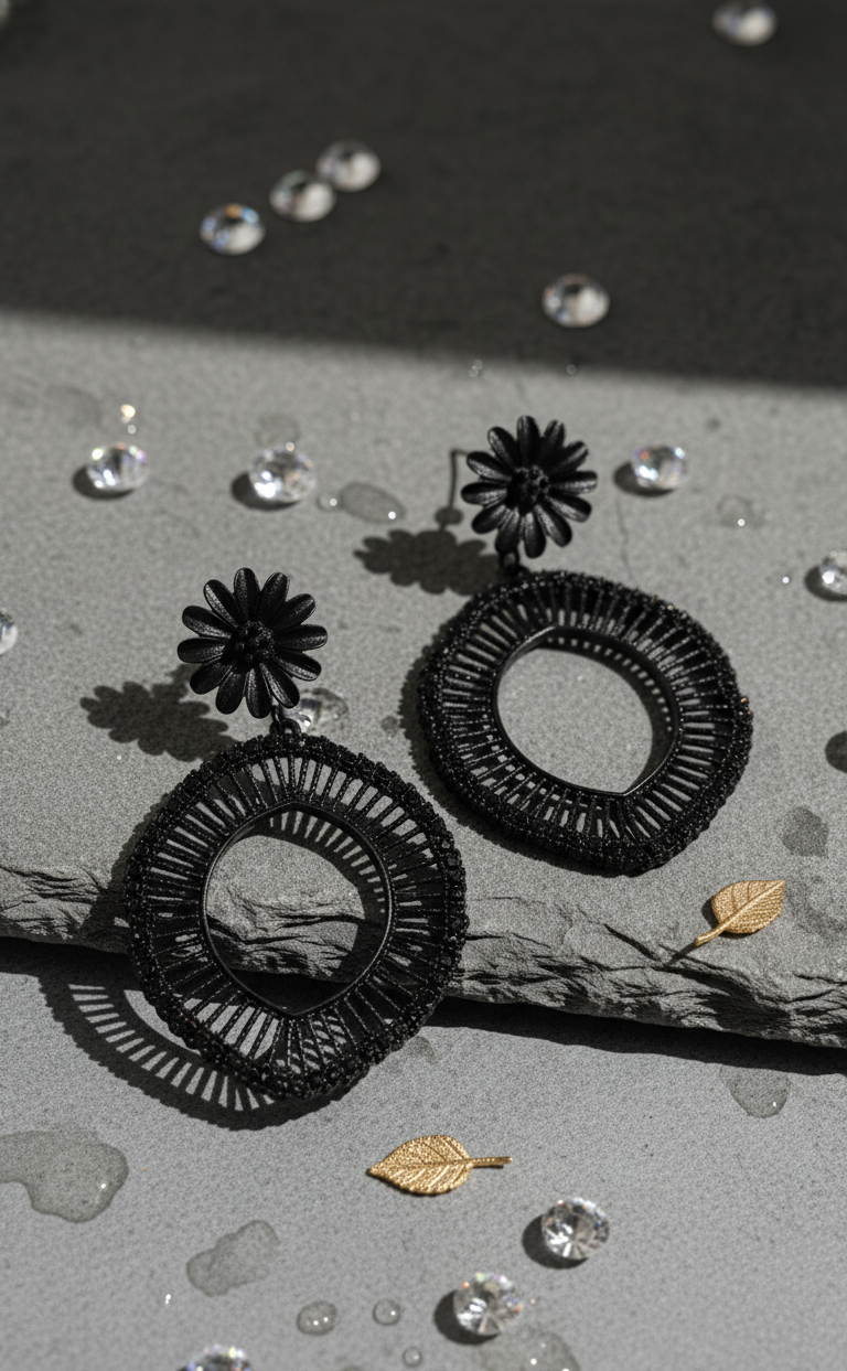 Black Floral Post Woven Rattan/Wicker Dangle Earrings