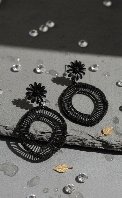 Black Floral Post Woven Rattan/Wicker Dangle Earrings