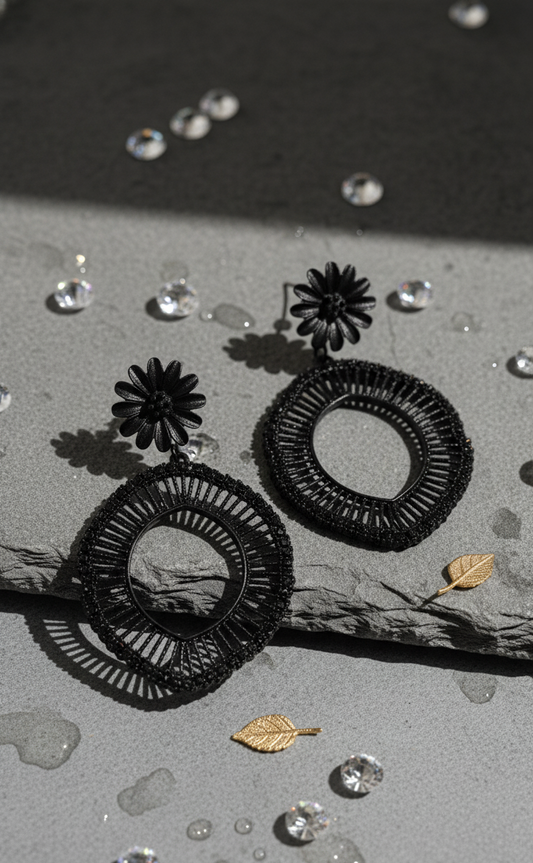 Black Floral Post Woven Rattan/Wicker Dangle Earrings