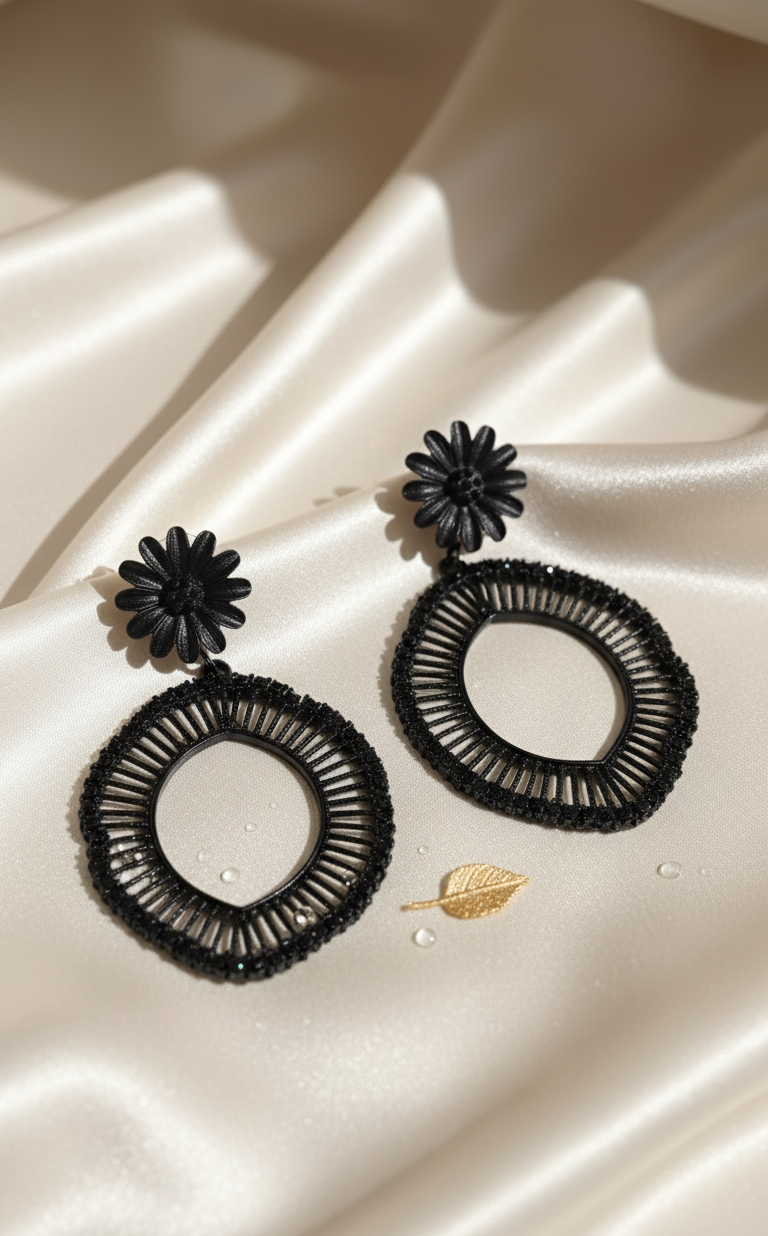 Black Floral Post Woven Rattan/Wicker Dangle Earrings