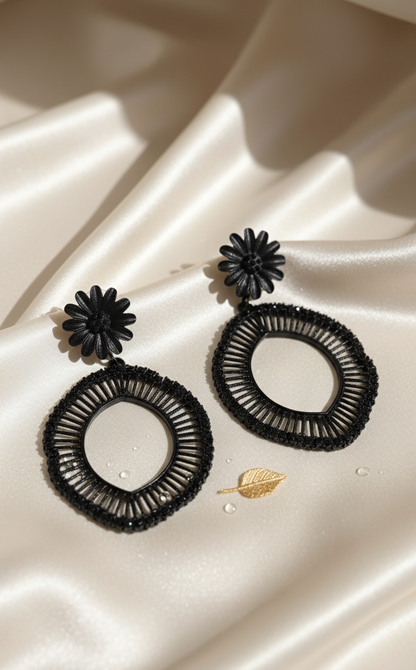 Black Floral Post Woven Rattan/Wicker Dangle Earrings