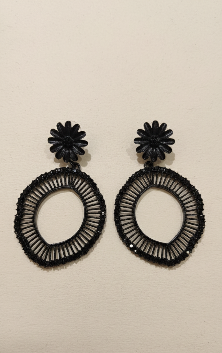 Black Floral Post Woven Rattan/Wicker Dangle Earrings