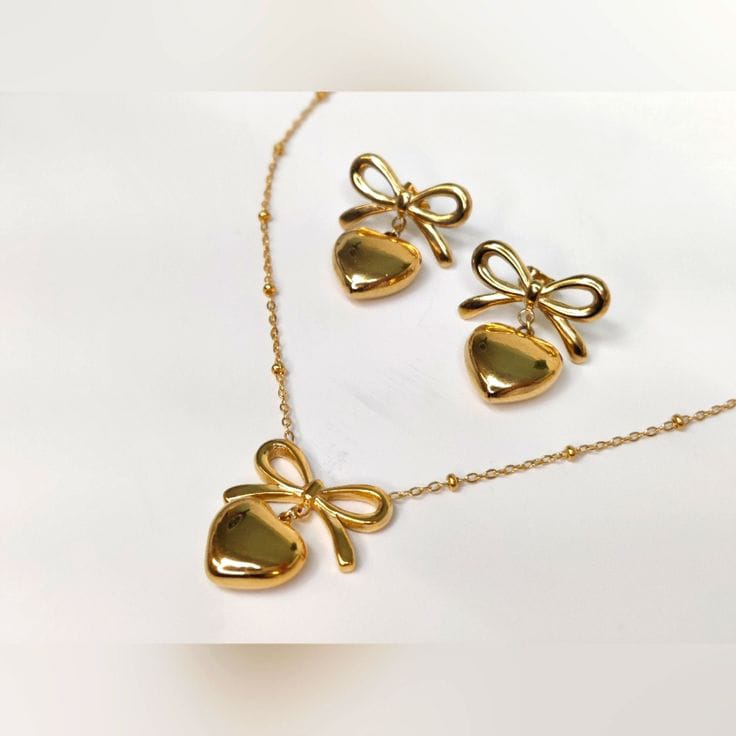 Premium Stainless Steel Gold Bow & Heart Jewelry Set