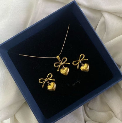 Premium Stainless Steel Gold Bow & Heart Jewelry Set