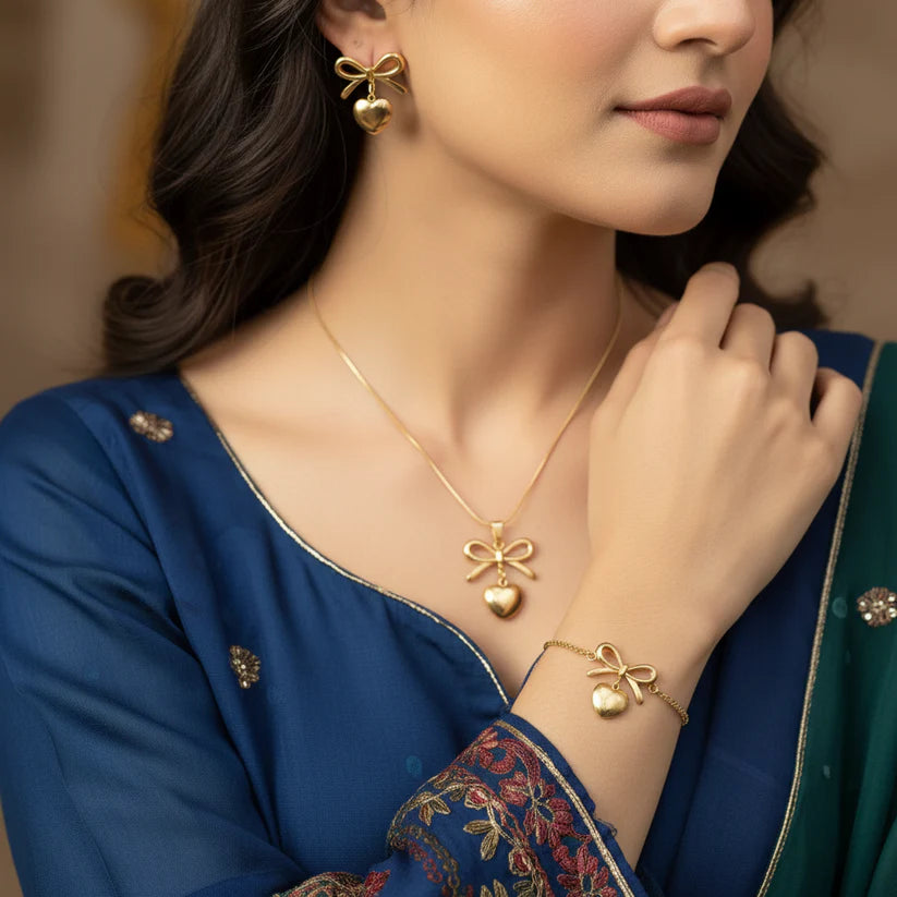 Premium Stainless Steel Gold Bow & Heart Jewelry Set