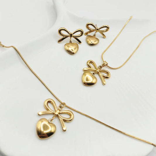 Premium Stainless Steel Gold Bow & Heart Jewelry Set