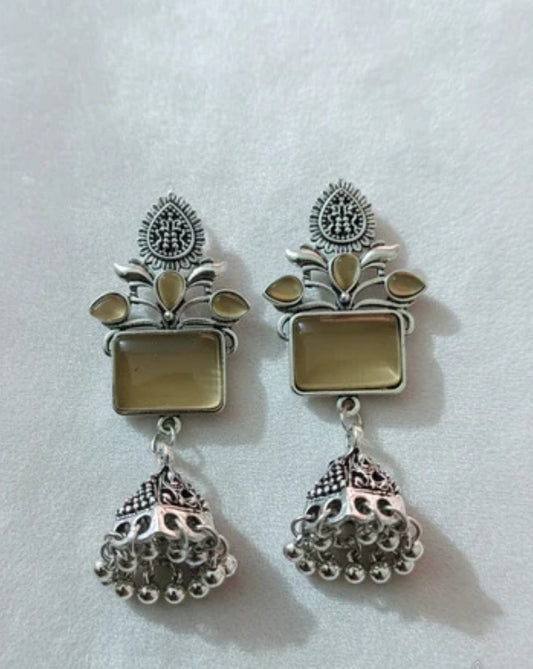 Oxidized Silver Emerald Jhumkas