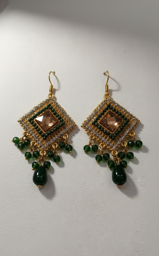 Emerald Green & Gold Statement Jhumka Earrings