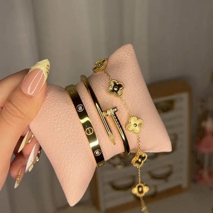 Luxury Gold Bracelet Set for Women – Clover Charm, Screw Bangle & Nail Cuff