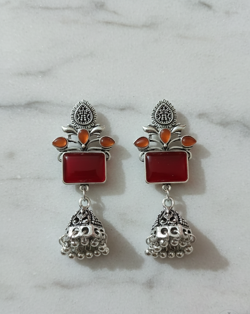 Oxidized Silver Emerald-Green Rectangular Stone Jhumka Earrings