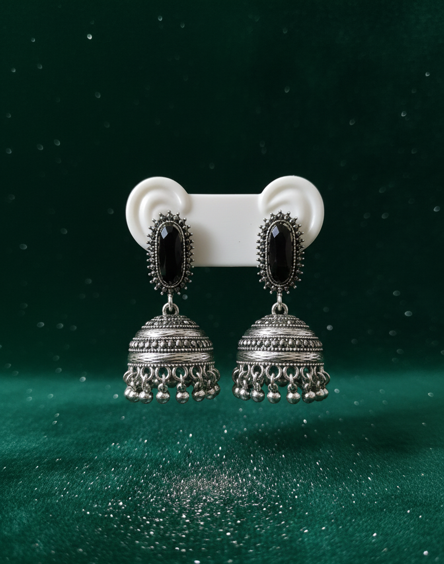 Royal Antique Gold-Plated Stainless Steel Jhumka Earrings with Onyx Black Accents