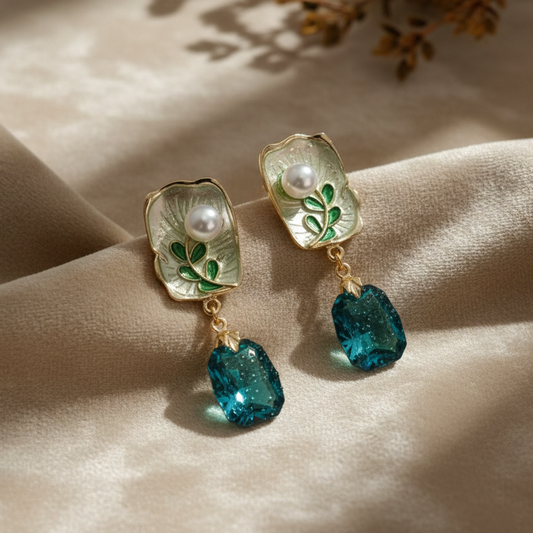 Ethereal Gilded Leaf & Crystal Drop Earrings