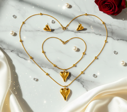 Golden Heartbeat Stainless Steel Full Jewelry Set  Necklace Bracelet & Earrings