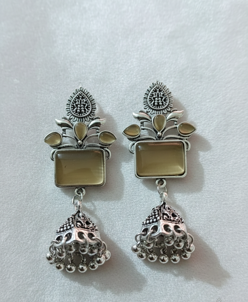 Oxidized Silver Emerald-Green Rectangular Stone Jhumka Earrings