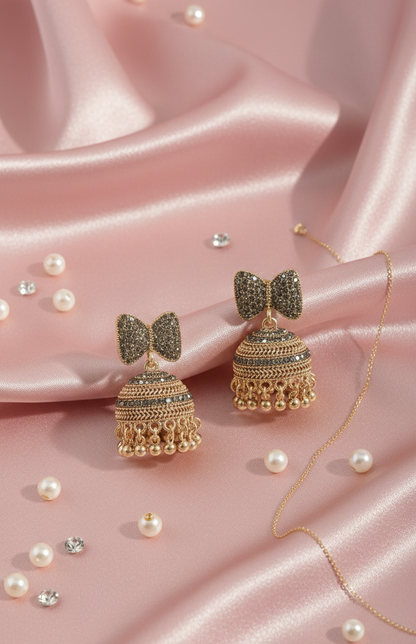 Premium Oxidised Silver Bow-Tie Jhumka Earrings – Heavy Stainless Steel Ethnic Statement Piece